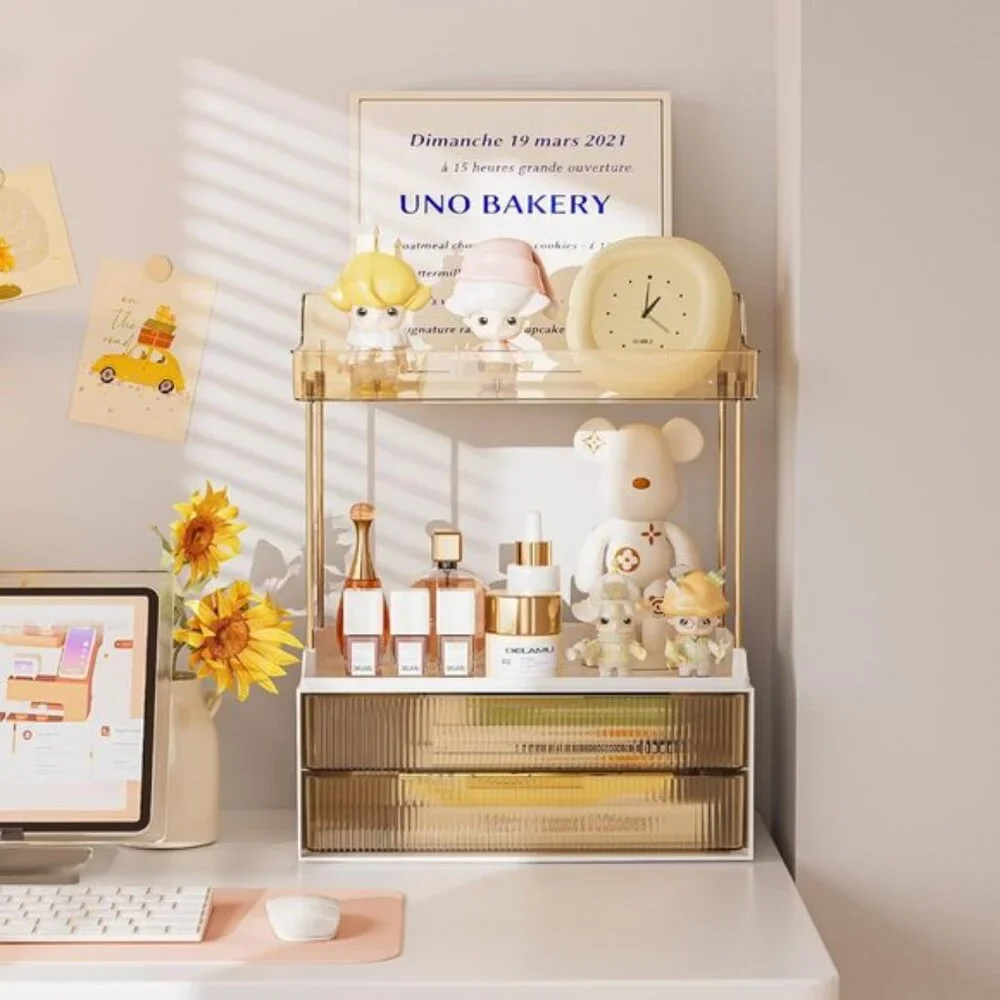 New 2-Tier Bathroom Organizer with Drawers, Amber Countertop Storage for Vanity